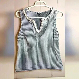 Talbots Sleeveless Blouse Tunic Split Neck Stripe Blue White Stretch size 14P